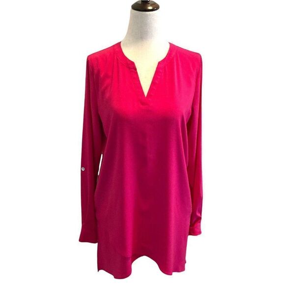 Susan Graver Size 2 Womens Pink V Neck Button Tab Sleeve Tunic Blouse Button - Picture 1 of 7